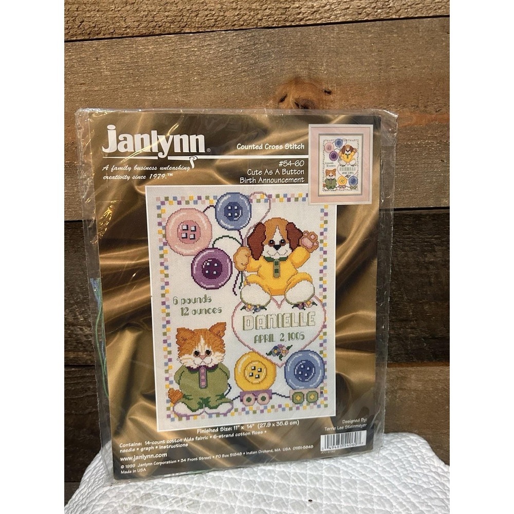 Janlynn Counted Cross Stitch Cute As A Button Birth Announcement Kit 54-60